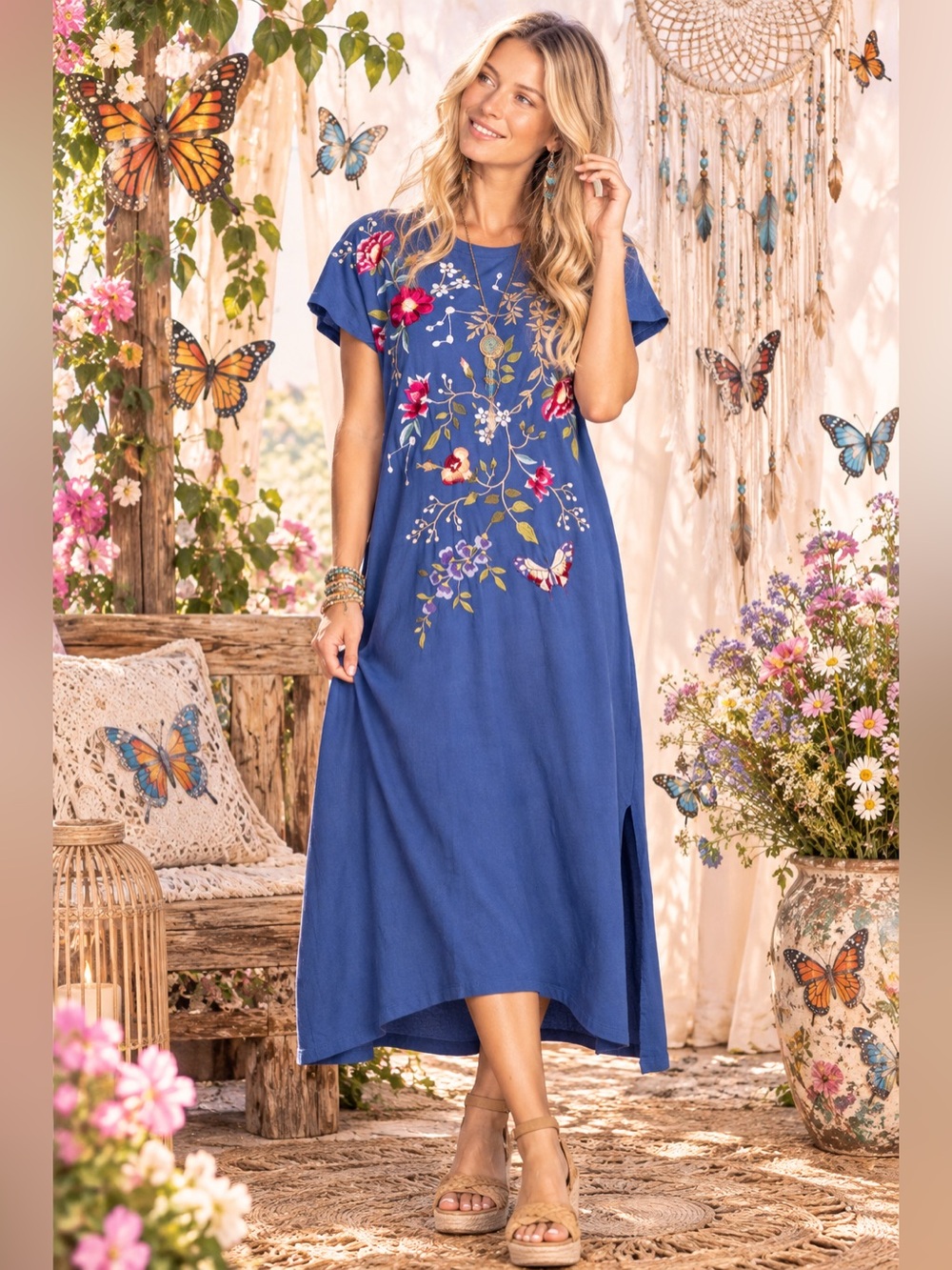 Johnny Was Royal Blue Floral Embroidered Maxi Dress